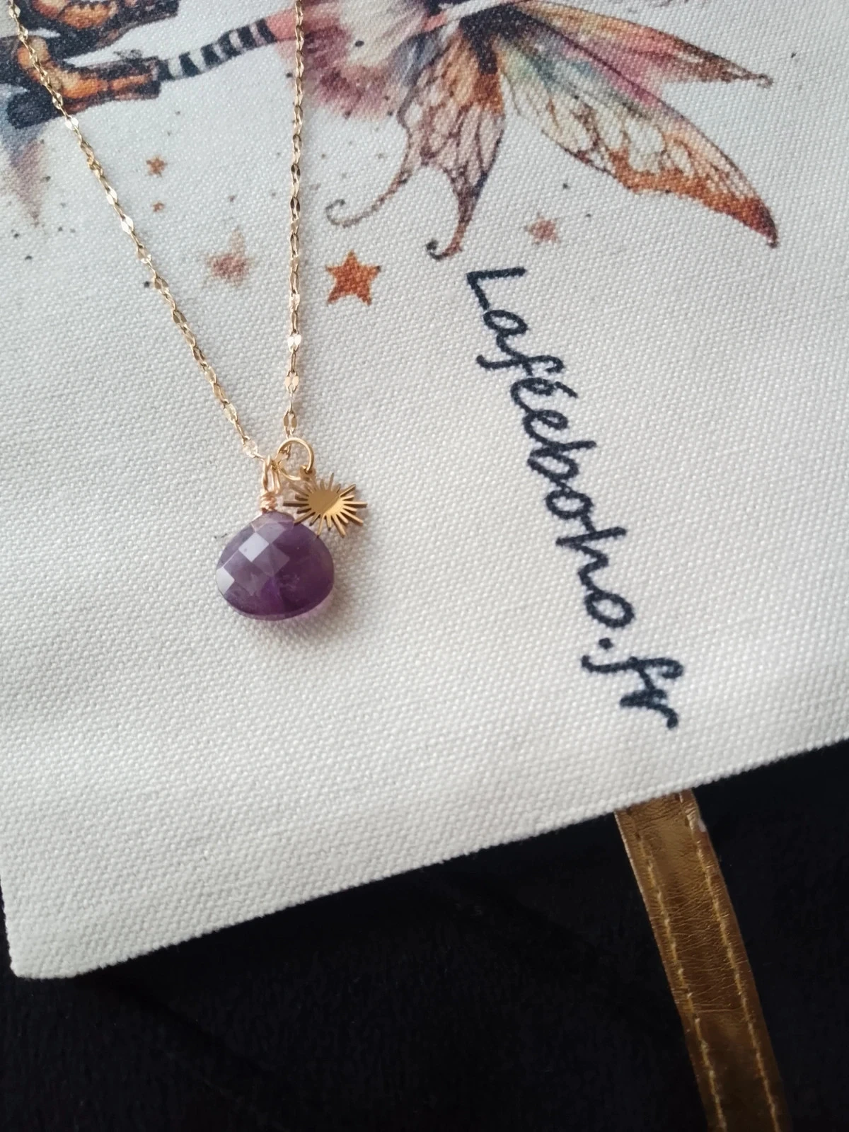 Collier améthyste pierre naturelle avec soleil doré – photo 3